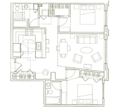 Floor plan for 2 beds, 2 baths, 1009 sqft
